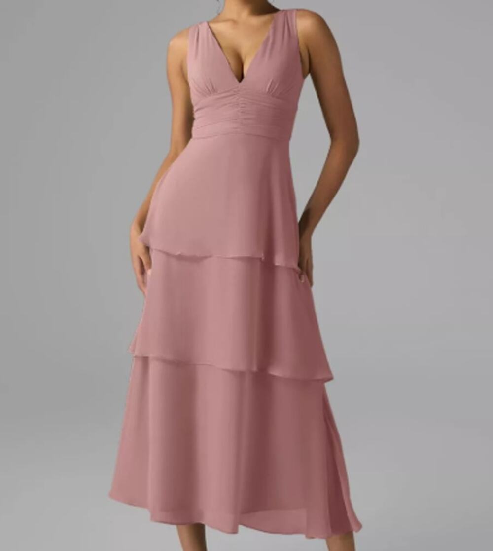 AW BRIDAL 0 XS dusty rose pink chiffon Elissa tiered formal midi dress NEW b56